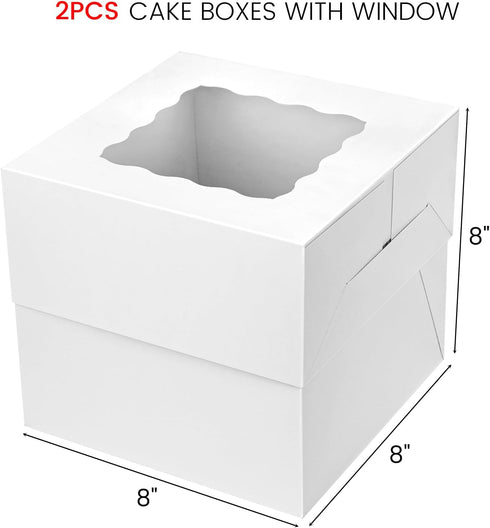 VGOODALL 2PCS Cake Boxes with Window, White Bakery Boxes Square Cardboard Cake Containers for Birthday Party Wedding 8 x 8 x 8 Inch