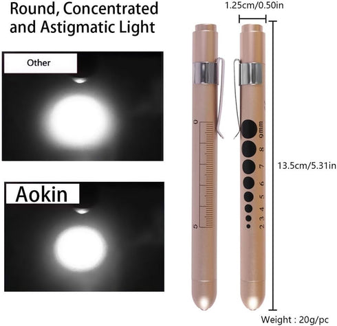 Aokin Medical Pen Light for Nurse Doctor, Reusable LED Flashlight with Pupil Gauge and Ruler, White Light, Gold