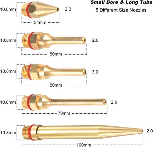 5Pcs Glue Gun Copper Nozzle Hot Glue Gun Tips with O-ring, Small Bore Long Tube Nozzles Thread Interchangeable Nozzle Set for Hot Melting Glue Gun Accessories 2.0x(34/50/70/100mm)+3.0x50mm