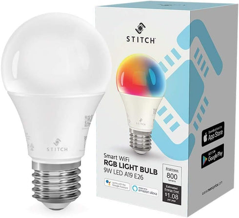 Bulb, 9W A19 E26 Stitch Smart Wi-Fi RGB Light LED RGB Color and Warm, Cool White, Compatible with Google Home