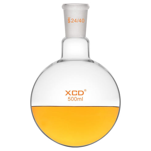 XCD Glass Flask, 500 ml Single Neck Borosilicate Round Bottom Heavy Wall Lab Boiling Flask with 24/40 Standard Taper