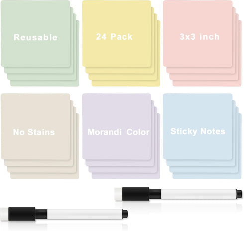 Tenceur 24 Pcs Reusable Sticky Notes, 3 x 3'' Dry Erase Labels, 2 Black Dry Erase Markers, Bright Color