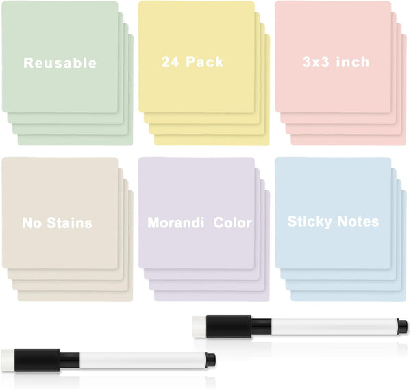 Tenceur 24 Pcs Reusable Sticky Notes, 3 x 3'' Dry Erase Labels, 2 Black Dry Erase Markers, Bright Color
