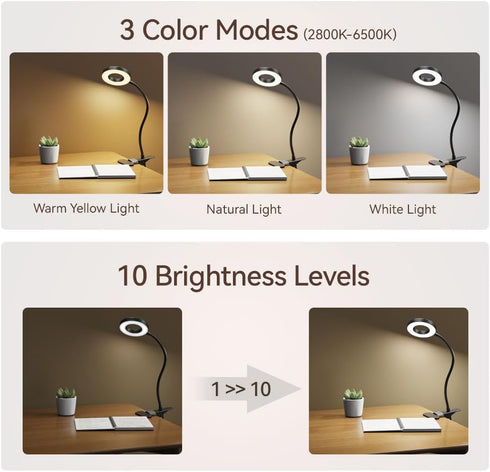 LED Desk Lamp Clip on Light with 3 Color Modes 10 Brightness Ring/Clamp Light 360 Flexible Gooseneck Dimmable Eye Protection Desk Light Desk Lamps for Home Office with Video Tutorials by GARMESE