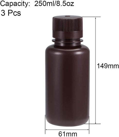 uxcell Plastic Lab Chemical Reagent Bottle 250ml/8.5oz Small Mouth Sample Sealing Liquid Storage Container Brown 3pcs