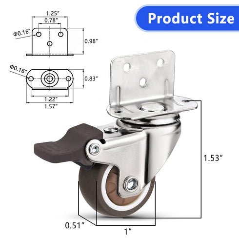 Heavy Duty Casters Set of 4 with Brake,L-Shape Side Mount TPR Plate Caster Wheels Replacement for Baby Bed, Carts Trolley, Kitchen Cabinet, Furniture, Table, Loading Capacity 120 Lbs (1” L-Shape)