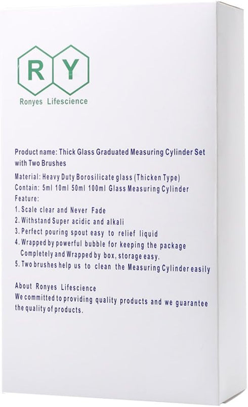 Thick Glass Graduated Measuring Cylinder Set, 5ml, 10ml, 50ml, 100ml with Two Brushes