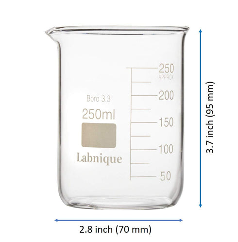 Labnique Borosilicate 3.3 Glass Griffin Beaker, Low Form with Printed Graduation, 250ml (Pack of 8)