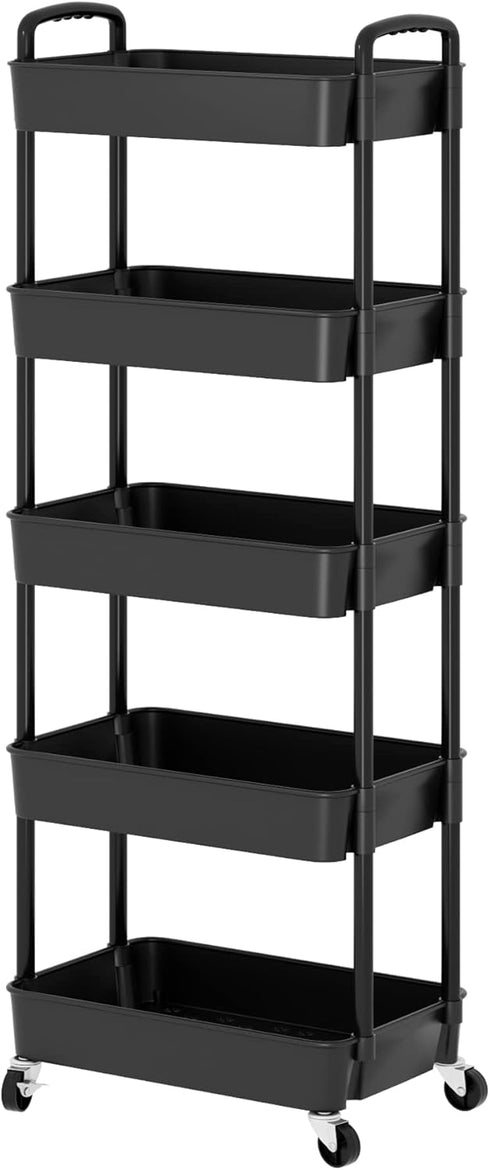 Sywhitta 5-Tier Plastic Rolling Utility Cart with Handle, Multi-Functional Storage Trolley for Office, Living Room,