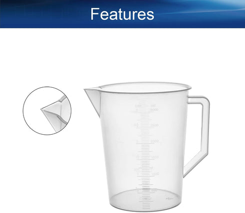 Bettomshin 3000ml Metric Straight Shape Plastic Graduated Beaker with Handle, Transparent Lab Measuring Cup