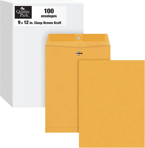 Quality Park 9 x 12 Clasp Envelopes, Extra Heavy-Duty 32 lb Kraft Paper, Clasp and Gummed Closures, 100 per Box
