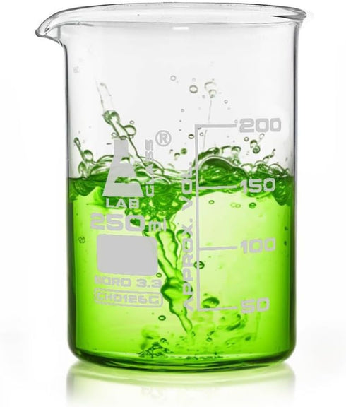EISCO 250ml Beaker - Low Form with Spout - White, 50ml Graduations - Borosilicate 3.3 Glass