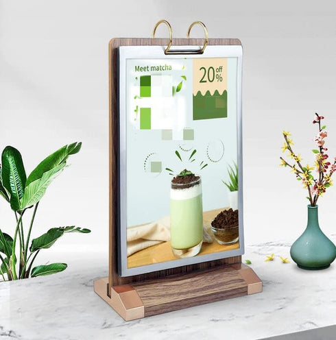 Rikyo A5 6 Pages-12 (6x8") Walnut Wood Sign Holder Vertical Table Card Flip Display Sides,T Double Sided Flyer Display