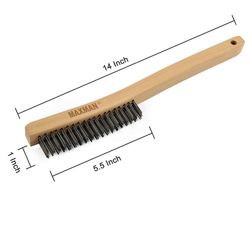 MAXMAN Heavy Duty Wire Brush, Carbon Steel and Stainless Steel for Cleaning Rust, Grill, Paint Removal, 14" Long Beech