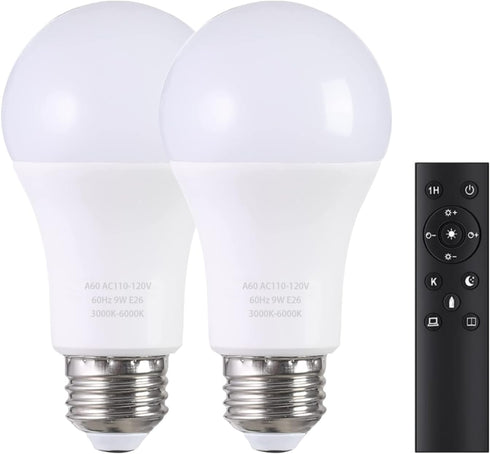 A19 LED Light Bulbs with Remote Control, 1100LM, 12W (80W Equivalent), Stepless Dimmable 3000K-6000K, 2 Bulb & 1 Remote