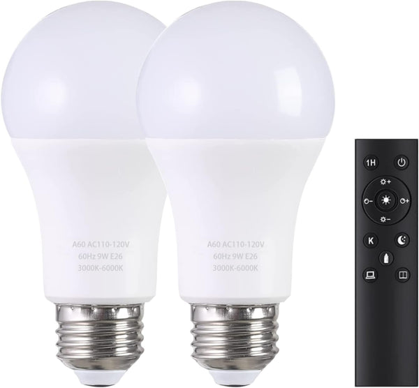 A19 LED Light Bulbs with Remote Control, 1100LM, 12W (80W Equivalent), Stepless Dimmable 3000K-6000K, 2 Bulb & 1 Remote