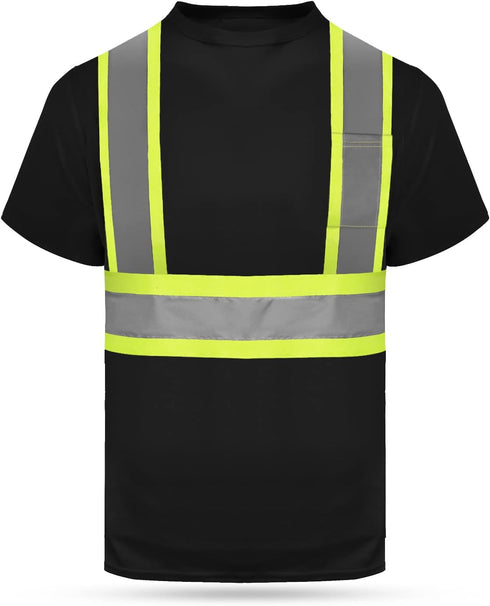 HYCOPROT High Vis Reflective T Shirt, Short Sleeve Safety Mesh Quick Dry Shirts (Black, Large)