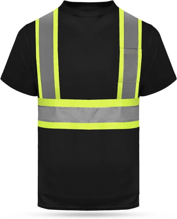 HYCOPROT High Vis Reflective T Shirt, Short Sleeve Safety Mesh Quick Dry Shirts (Black, Large)