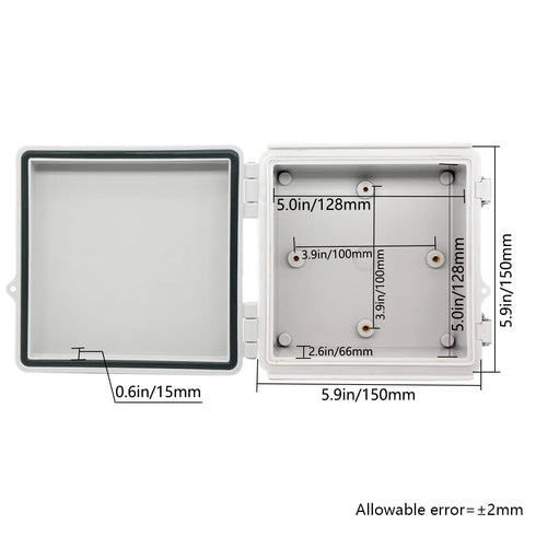 Zulkit Junction Box,IP67 Waterproof Electrical Box Hinged Cover Stainless Steel Latch Plastic Enclosure for Project with Mounting Plate Wall Bracket and 2 Cable Gland Grey 5.9"x5.9"x3.5"(150x150x90mm)