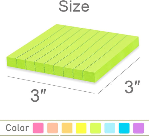 Lined Sticky Notes 3x3 in - Bright Ruled Colorful Memo Pads, 82 Sheets/pad, 8 Pads/Pack