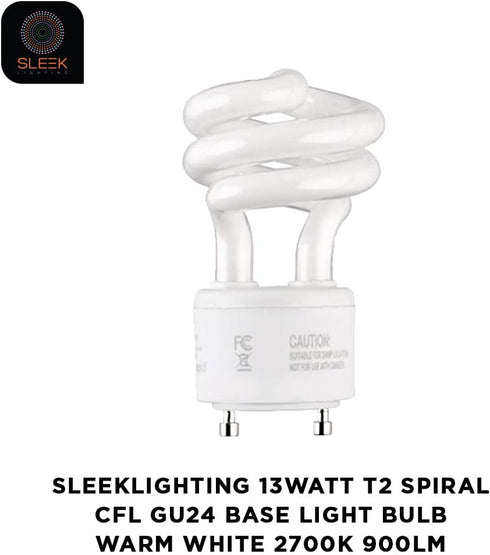 13Watt T2 GU24 2 Bulb 2700K 900lm 120v 60Hz Bulb- 4pack SLEEKLIGHTING Spiral CFL Prong Light Base -UL Approved Light