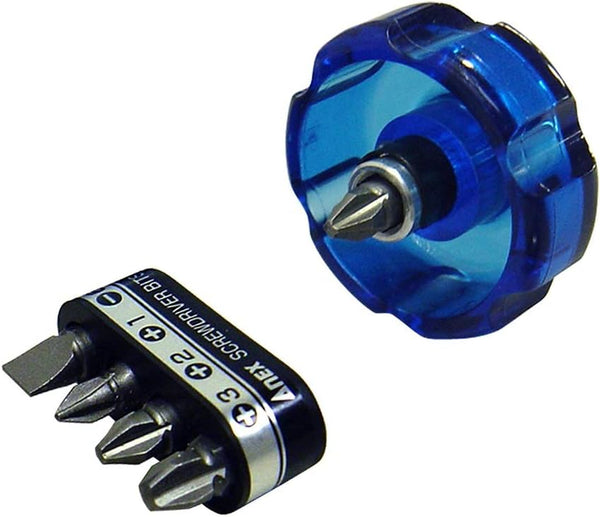ANEX Mini Stubby Screwdriver for Tight Areas, Phillips and Flathead with 5 Multi Bits Set, Blue