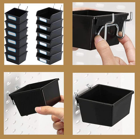 16pcs Black Pegboard Cups and Peg Hooks, Square Box Shape 1/4" 1/8" Cup Holder Accessories for Garage Craft Storage