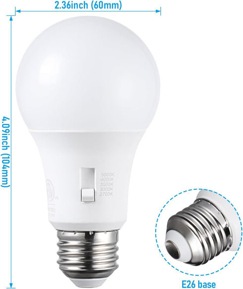 TORCHSTAR A19 LED Light Bulb, 60W Equivalent, 5CCT Dimmable, E26 Base, Selectable 2700K-5000K, Pack of 2