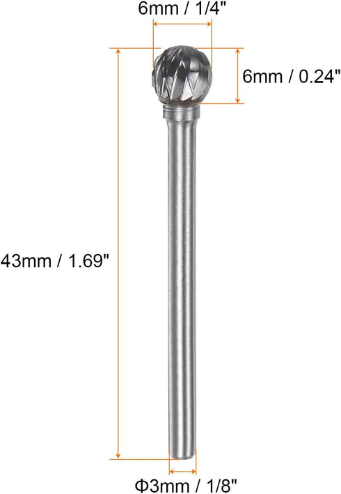 10pcs Carbide Rotary Burrs 1/8" (3mm) Shank 1/4" (6mm) Head Double Cut Ball D Shape Die Grinder Bits Rasp Files for Metal Wood Plastic Polishing Engraving