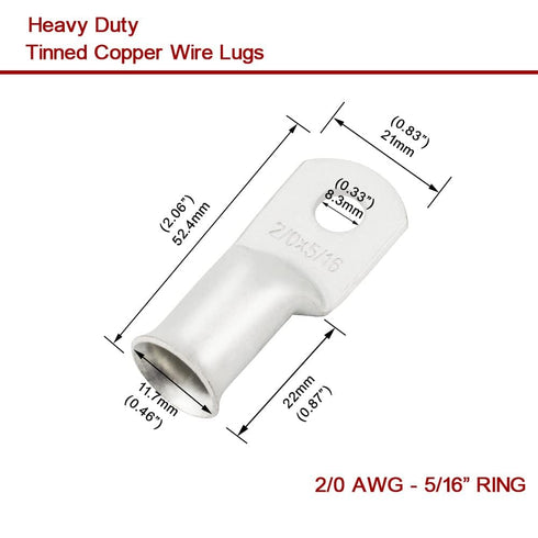8Pcs 2/0 AWG Heavy Duty Tinned Copper Wire Lugs with 16Pcs Heat Shrink Tubing, Battery Cable Ends, Copper Ring Terminals