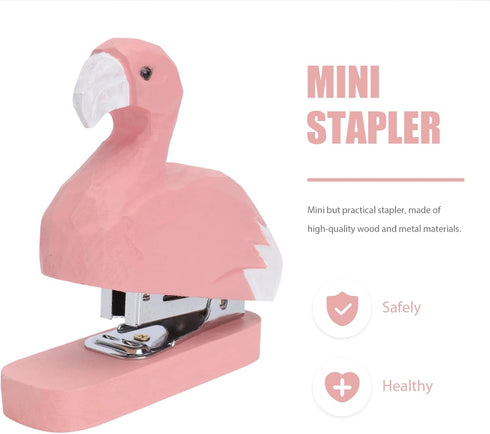 Flamingo Animal Desktop Stapler, Mini Office Supplies, Wood Carving Accessories for Girls' Stationery