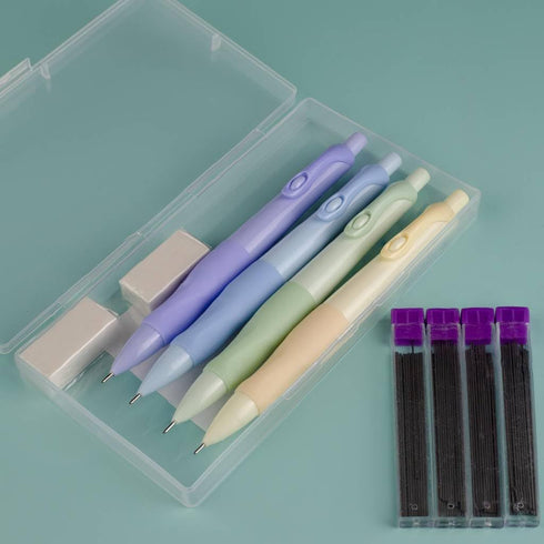 Cute Mechanical Pencil Set, 4 Pencils with 0.7 mm Leads, 4 Cases, 2 Erasers for Students
