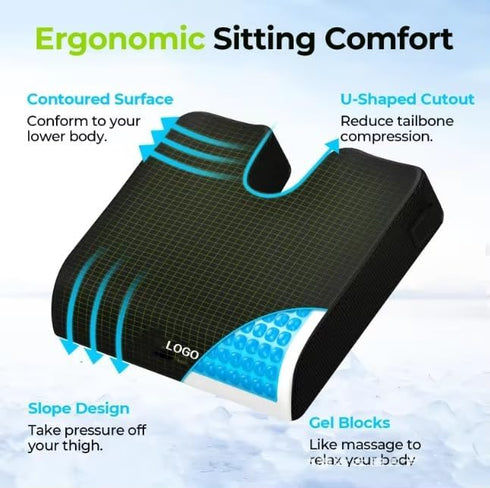 Seat Cushion, Ergonomic U-Shape Office Chair & Car Pad with Memory Foam, Gel Cooling, Removable Washable Cover & Lumbar