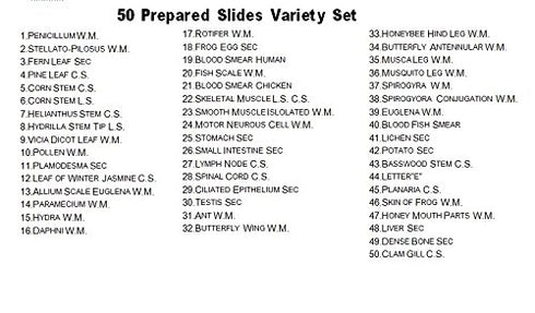 Vision Scientific VS50 Piece Slide Set, 50 Prepared Glass Microscope Slides, General Biological Application,