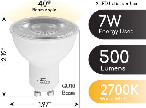 Euri Lighting EP16-7W5020eG-2 Dimmable LED PAR16, GU10 Base, 7W (50W Equal), 500lm, 2700K Warm White, 2 Count