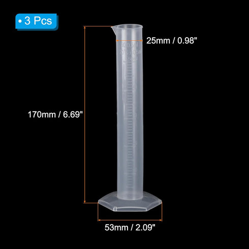 PATIKIL 50ml PP Plastic Graduated Cylinder, 3 Pack Hex Base White Graduations Measuring Cylinder for Lab Home Use, Clear White