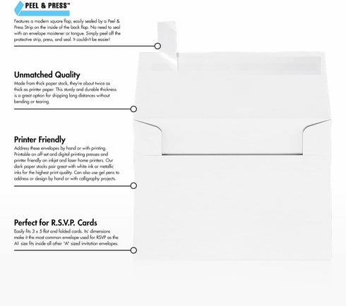 LUXPaper 4Bar A1 Invitation Envelopes | 250 Qty | Peel & Press | 3 5/8" x 5 1/8" | White | 24lb. Text