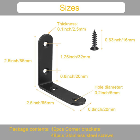 12Pcs 2.5 Inch 90 Black Corner Brace L Brackets Stainless Steel Heavy Duty Shelf Bracket for Wood, Shelves, Wall
