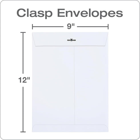Quality Park 9 x 12 Clasp Envelopes, 28 lb. White Wove, 100/Box, Deeply Gummed Flaps