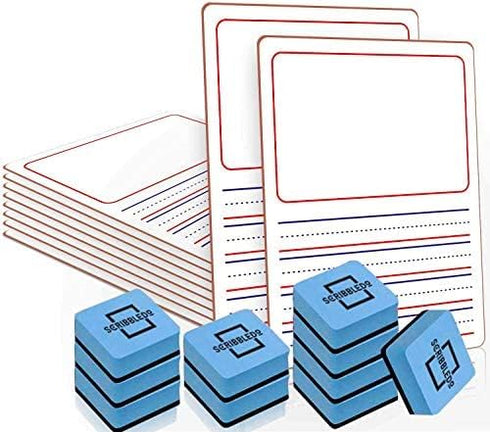 Scribbledo 10 Pack Double Sided Whiteboards, 9”x12” Story Lined Dry Erase Boards for Kids, Includes Erasers