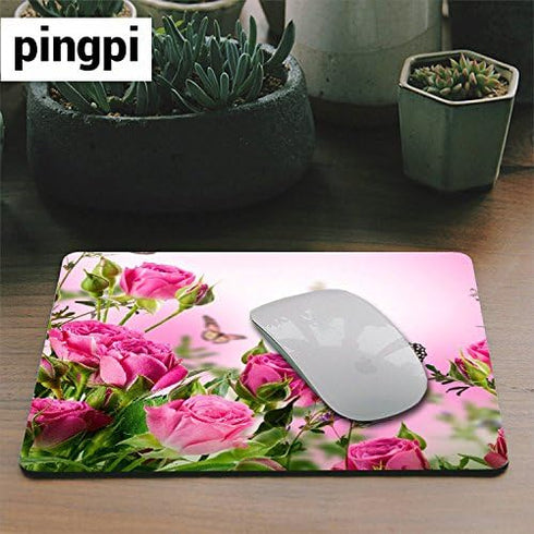 pingpi Pink Mouse Pad - Custom Flower Decor with Butterfly on Pink Rose, Non-Slip Rubber Design