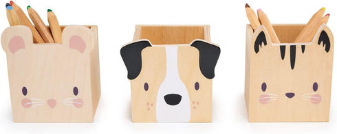 Tender Leaf Toys Pet Pencil Holders - 3 Animal Themed Wood Desktop Organizers for Pens, Makeup, Stationary, Kids 3+