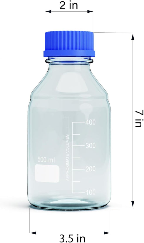 500ML Storage Glass Bottles, 2pcs Round Media Storage Bottle, Borosilicate Glass with GL45 Blue Cap