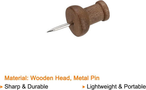 PATIKIL Wooden Push Pins, 50 Pack Decorative Thumb Tacks for Map Picture Hanging Office Supplies, Brown