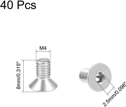 uxcell M4x8mm Flat Head Machine Screws, 304 Stainless Steel Fasteners, 40Pcs