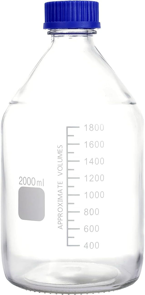 Moonetto 1 Piece 2 Liter 2000ml Graduated Round Media/Storage Glass Bottles with GL45 Blue Screw Cap