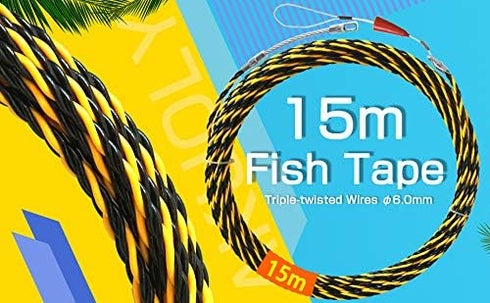 49FT Fish Tape Wire Fishing Tools, 6.0mm Diameter 3 Wires Twisted with Guide Spring, Black and Yellow 15m
