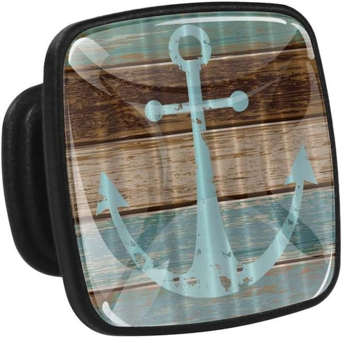 Ocean Decorative Cabinet Knobs, Square Glass Door Handles for Home Kitchen Bedroom Decor, Set of 4 (Wooden Anchor)