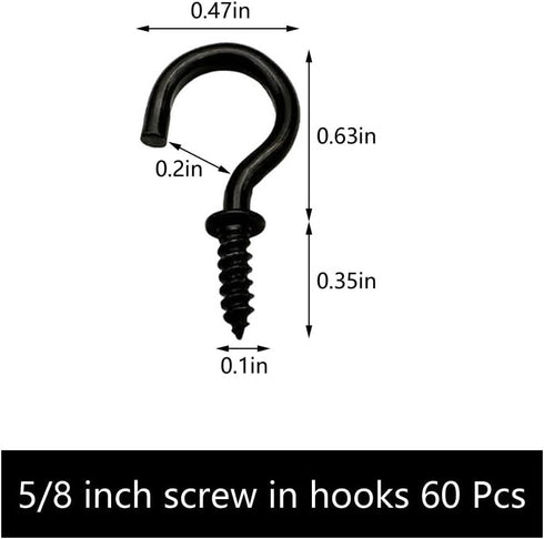5/8 Inch Small Black Ceiling Hooks, Screw-in Light Hook DIY Jewelry Hooks (60 Pack)