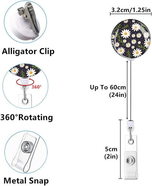Retractable ID Badge Holder Nurse Badge Reels, Clip Name Card Holders for Office Worker (Cute Flowers 3 Pack)